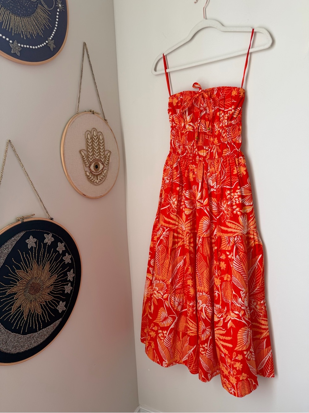 Strapless Red Orange Tropical cotton Midi Dress
